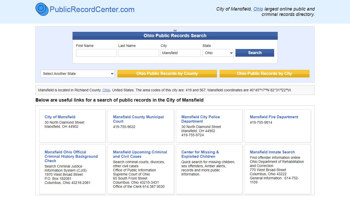 Mansfield, Ohio Public Records and Criminal Background Check